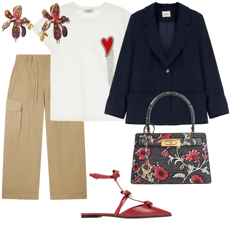 Outfit donna - Primavera sia. per Tutti i giorni. Abbinamento con borse a mano, orecchini, ballerine, pantaloni cargo, blazer, t-shirt.