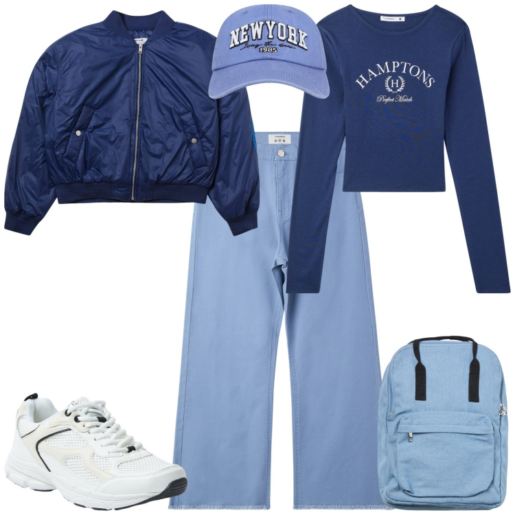 Outfit donna - Total look #2071835. Stile Sporty chic per Tutti i giorni. Abbinamento con t-shirt, cappelli, pantaloni, bomber, zaini, sneakers.