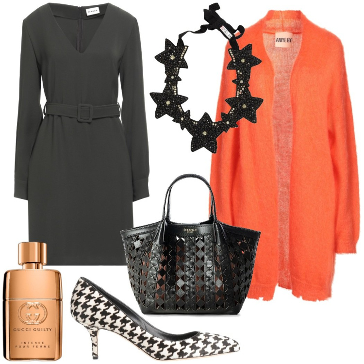 Outfit donna - Outfit invernale. Stile Glamour per Tutti i giorni. Abbinamento con cardigans, collane, décolleté, vestiti corti, borse a mano, profumi.