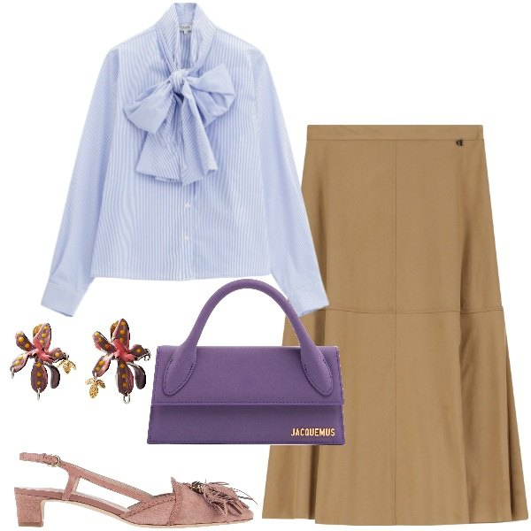 Outfit donna - Grande fiocco. Stile Bon Ton per Ufficio. Abbinamento con orecchini, décolleté, camicie, gonne longuette, borse a mano.