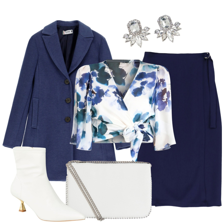 Outfit donna - I fiori blu. Stile Chic per Tutti i giorni. Abbinamento con stivaletti, borse a tracolla, bluse, cappotti, gonne longuette, orecchini.