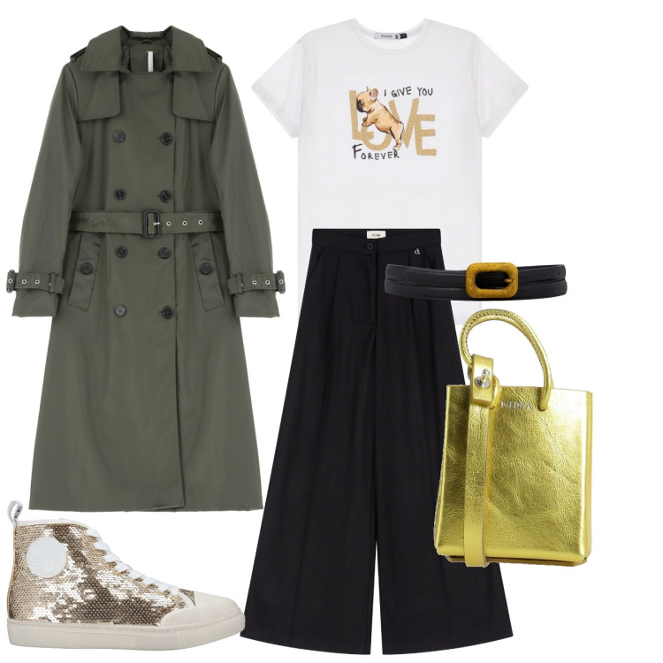 Outfit donna - Accessori brillanti. Stile Casual chic per Tutti i giorni. Abbinamento con sneakers alte, borse a spalla, pantaloni, t-shirt, trench, cinture.