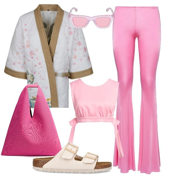 Outfit donna - \'70. Stile 70s per Mare. Abbinamento con top, kimono, occhiali da sole, sandali, pantaloni, shopping bag.