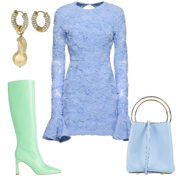 Outfit donna - Marzo. Stile Glamour per Serata fuori. Abbinamento con borse a mano, stivali, vestiti, orecchini.