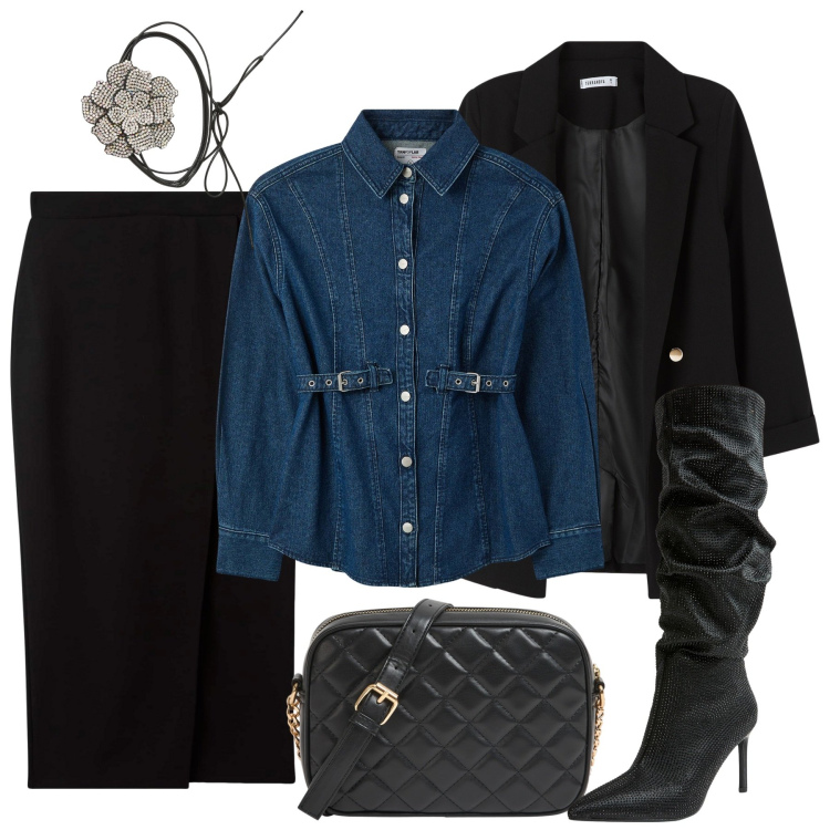 Outfit donna - La camicia di jeans. Stile Glamour per Tutti i giorni. Abbinamento con borse a tracolla, collane, camicie, gonne longuette, stivali, blazer.