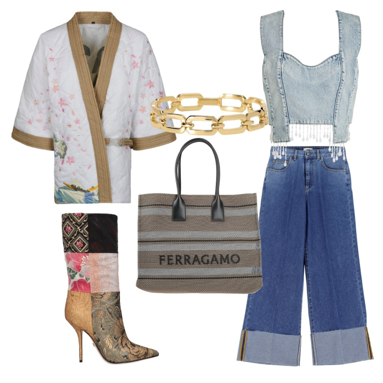 Outfit donna - Gli stivali di febbraio. Stile Trendy per Serata fuori. Abbinamento con borse a spalla, top, stivali, braccialetti, jeans, kimono.