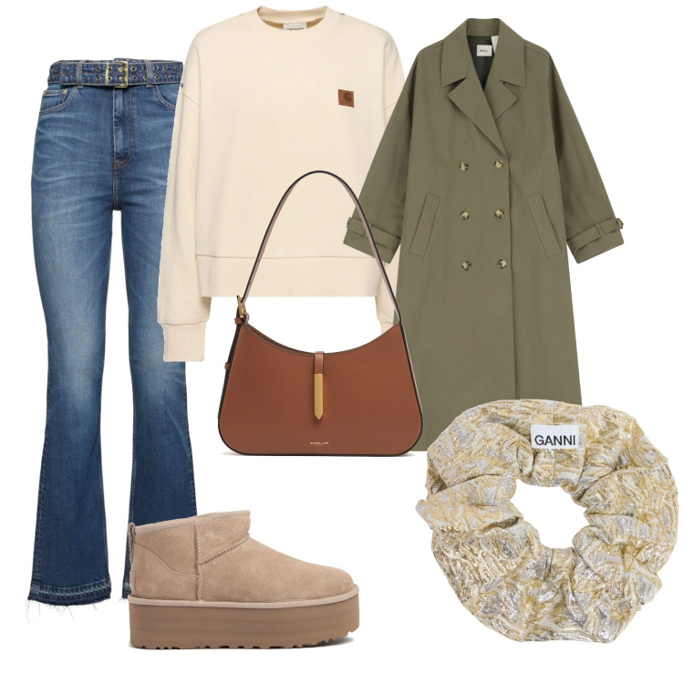 Outfit donna - Total look (7). Stile Trendy per Ufficio. Abbinamento con trench, stivali, felpe, accessori per capelli, jeans dritti, borse a spalla.