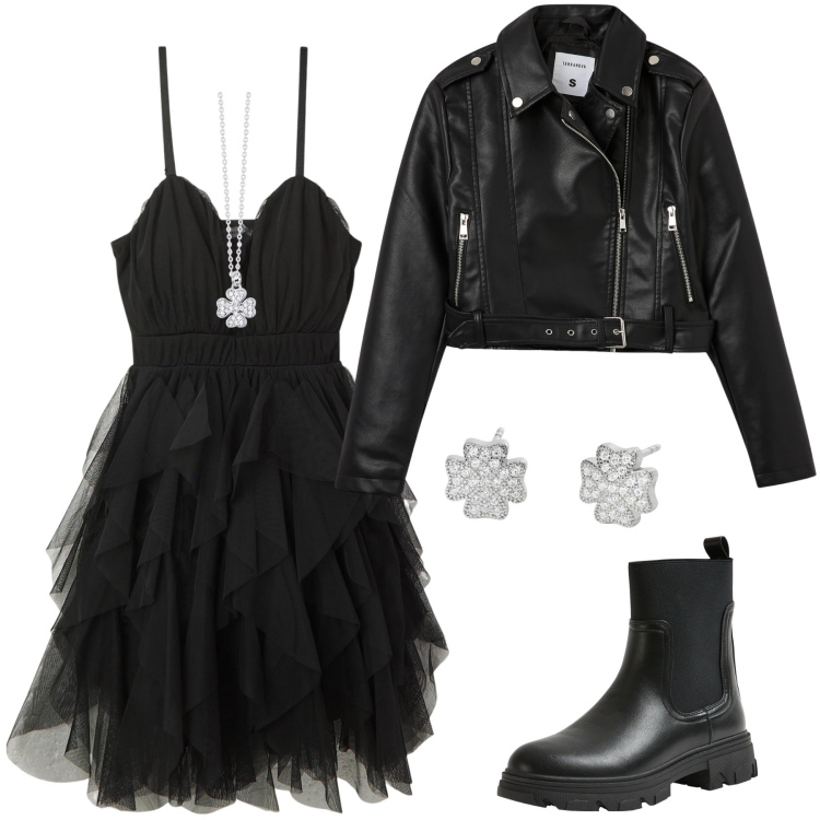 Outfit donna - Un tipo rock. Stile Rock per Serata fuori. Abbinamento con vestiti corti, giacche, stivaletti chelsea, collane, orecchini.