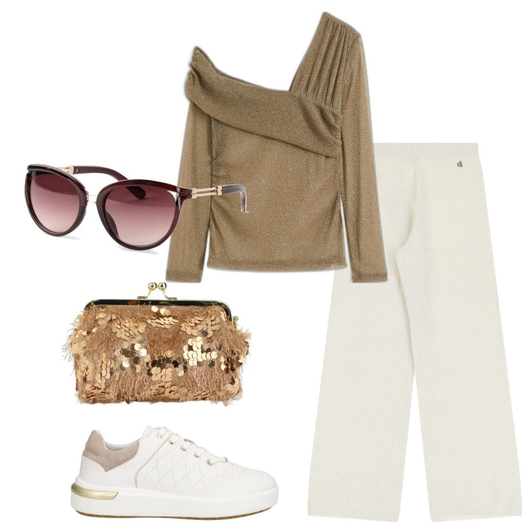 Outfit donna - Borsa da star. Stile Casual chic per Tutti i giorni. Abbinamento con occhiali da sole, maglieria, sneakers, pantaloni a palazzo, borse a spalla.
