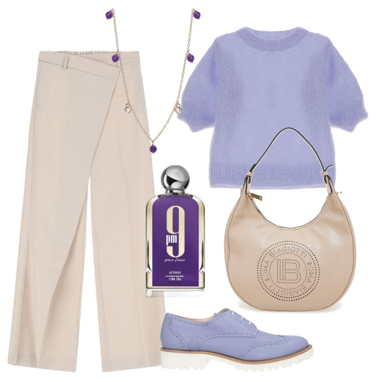Outfit donna - Pastelli di primavera. Stile Casual chic per Ufficio. Abbinamento con scarpe stringate, profumi, collane, pantaloni, maglieria, borse a spalla.