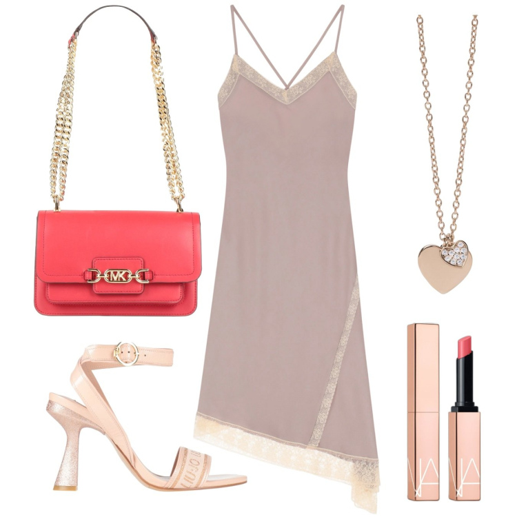 Outfit donna - Borsa rossa. Stile Sexy per Serata fuori. Abbinamento con borse a spalla, sandali in pelle, rossetti, ciondoli, vestiti asimmetrici.
