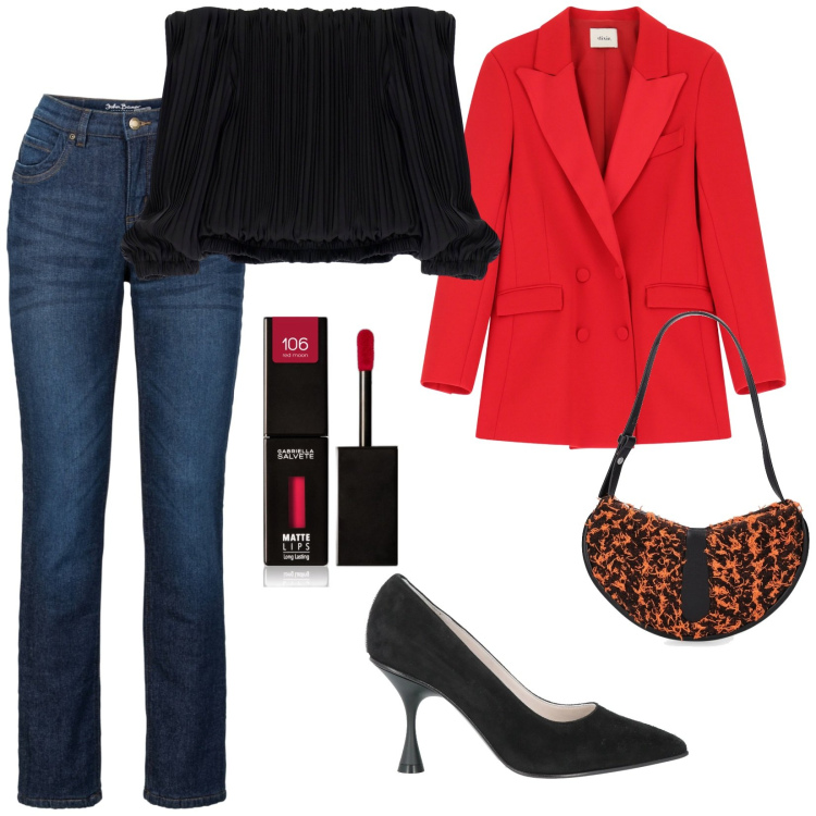 Outfit donna - Serata fuori. per Serata fuori. Abbinamento con jeans dritti, décolleté, rossetti, top, blazer, borse a spalla.
