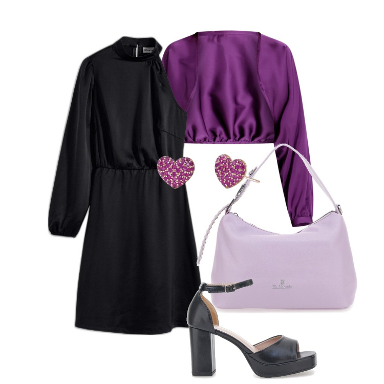 Outfit donna - Asimmetrica. Stile Trendy per Serata fuori. Abbinamento con vestiti asimmetrici, orecchini, bolero, décolleté, borse a tracolla.