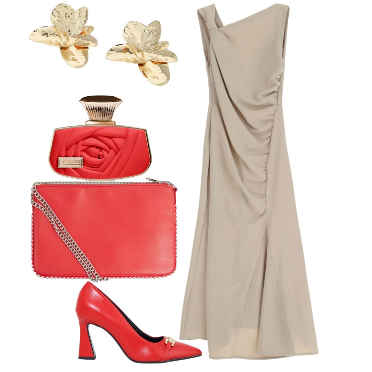 Outfit donna - Asimmetrica 3. Stile Romantica per Serata fuori. Abbinamento con profumi, borse a tracolla, vestiti asimmetrici, décolleté, orecchini.