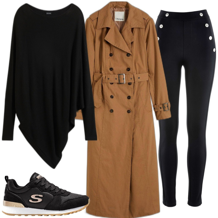 Outfit donna - Il trench. Stile Casual chic per Tutti i giorni. Abbinamento con maglieria, leggings, sneakers, trench.