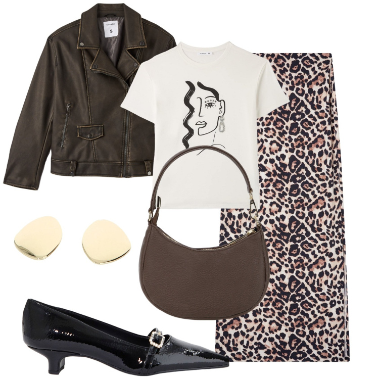 Outfit donna - Aperitivo con le amiche. Stile Trendy per Tutti i giorni. Abbinamento con gonne lunghe, t-shirt, giacche, ballerine, orecchini, borse a spalla.