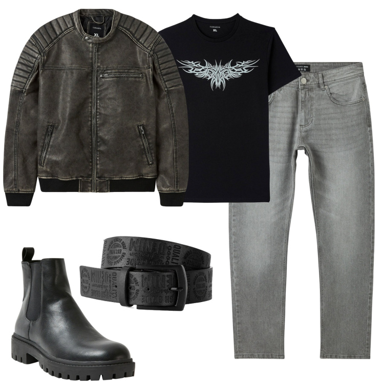 Outfit uomo - Motorcycle. Stile Biker Rock per Serata speciale. Abbinamento con cinture, giacche, t-shirt, jeans, stivali e stivaletti.