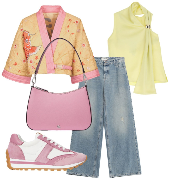 Outfit donna - Pastello. Stile Casual chic per Tutti i giorni. Abbinamento con jeans, top, sneakers, borse a spalla, kimono.