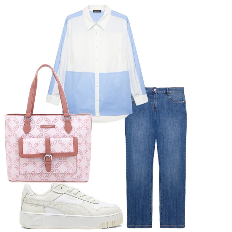 Outfit donna - Pastello. Stile Casual chic per Tutti i giorni. Abbinamento con sneakers, camicie, borse a spalla, jeans dritti.