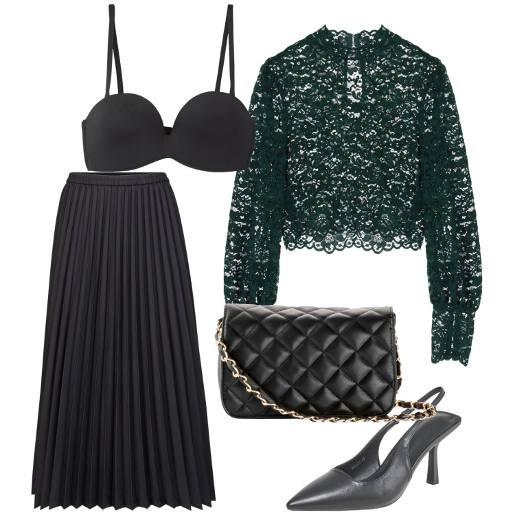 Outfit donna - La blusa in pizzo. Stile Glamour per Serata fuori. Abbinamento con borse a tracolla, décolleté, reggiseni, camicie, gonne longuette.