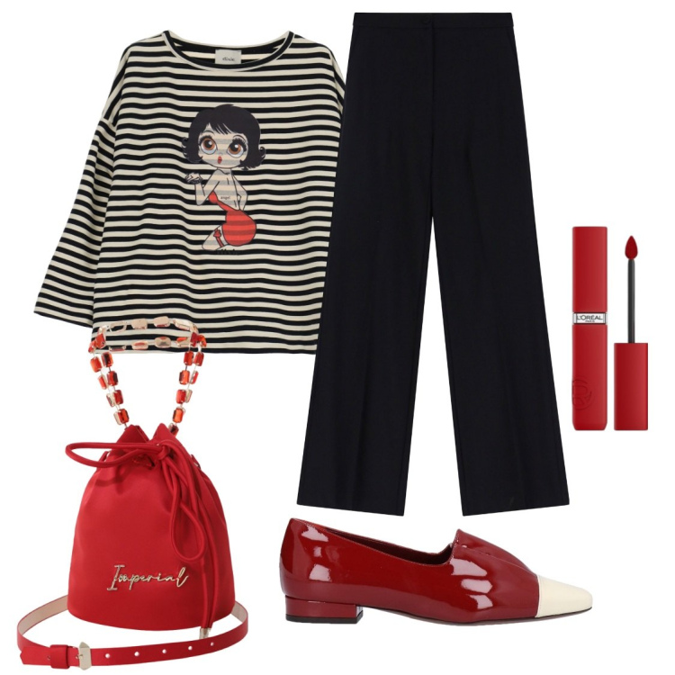 Outfit donna - Rouge e righe. Stile Casual per Tutti i giorni. Abbinamento con mocassini, rossetti, pantaloni, borse a secchiello, t-shirt.