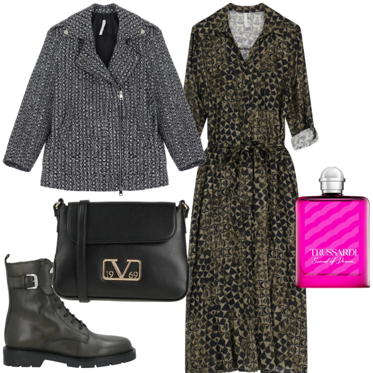 Outfit donna - Pizza del venerdì grasso. Stile Urban per Serata fuori. Abbinamento con anfibi, borse a tracolla, profumi, vestiti, blazer.