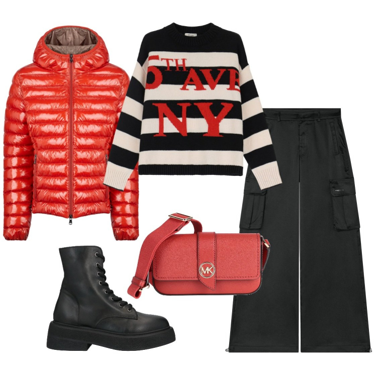 Outfit donna - Stasera Karaoke!. Stile Casual per Serata fuori. Abbinamento con borse a tracolla, stivaletti, pantaloni cargo, maglieria, blazer.