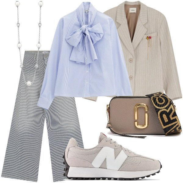 Outfit donna - Dettagli che fanno la differenza. Stile Chic per Tutti i giorni. Abbinamento con collane, sneakers, jeans a zampa, camicie, blazer, borse a spalla.