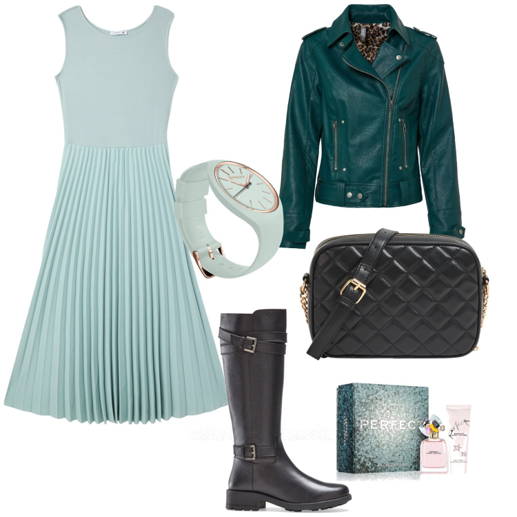 Outfit donna - Romantica ma non troppo. Stile Mannish per Tutti i giorni. Abbinamento con stivali, blazer, profumi, vestiti lunghi, borse a tracolla, orologi.