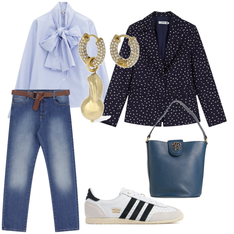 Outfit donna - A lavoro. per Ufficio. Abbinamento con borse a mano, camicie, blazer, jeans dritti, sneakers, orecchini.