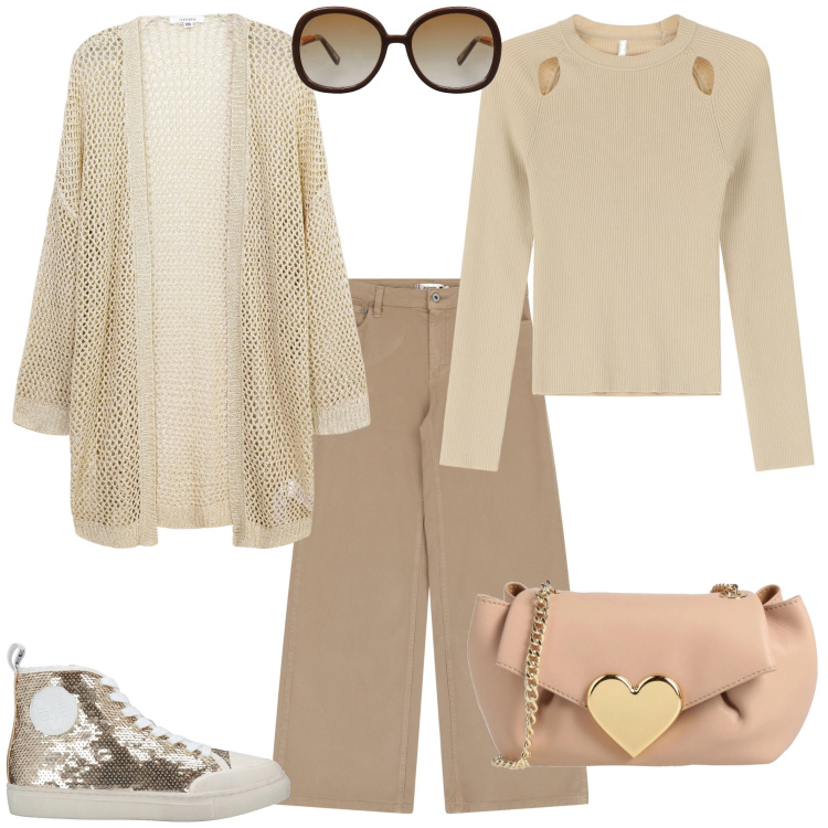 Outfit donna - Un accessorio per brillare. Stile Casual chic per Tutti i giorni. Abbinamento con sneakers alte, borse a tracolla, occhiali da sole, kimono, pantaloni, maglieria.