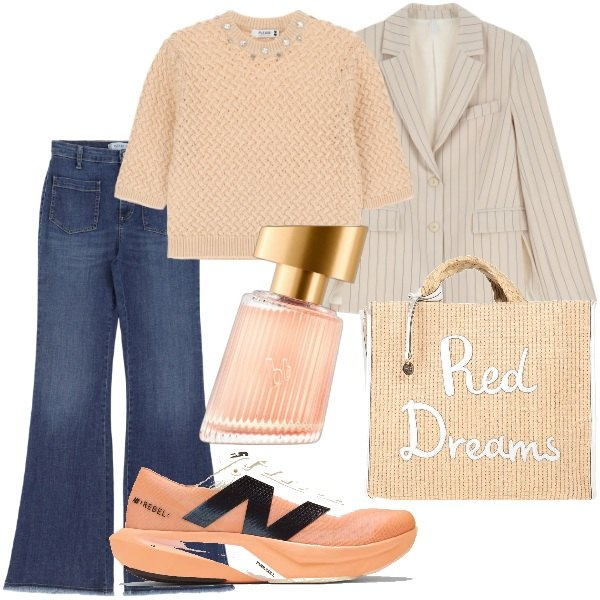 Outfit donna - Aspettando la primavera. Stile Trendy per Tutti i giorni. Abbinamento con borse a mano, profumi, sneakers, jeans, maglieria, blazer.