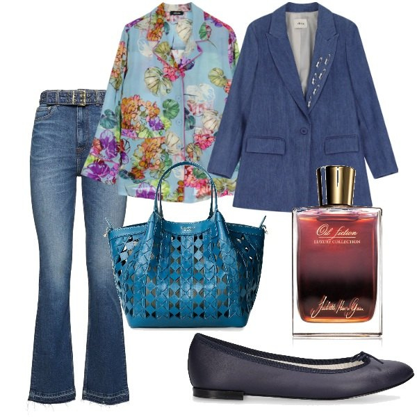 Outfit donna - Dettagli che fanno la differenza. Stile Trendy per Tutti i giorni. Abbinamento con borse a mano, profumi, camicie, blazer, jeans dritti, ballerine.
