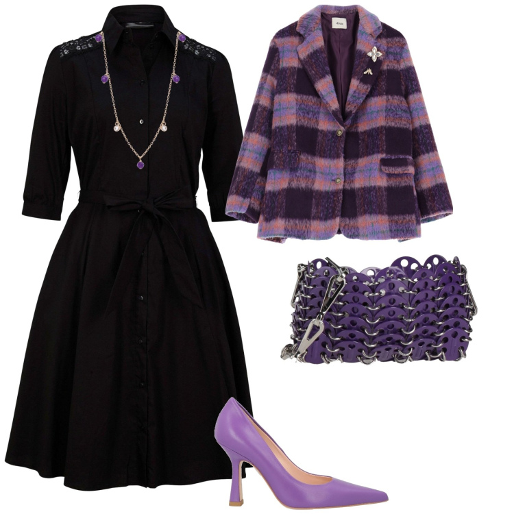 Outfit donna - Stasera si va in pizzeria. per Serata fuori. Abbinamento con décolleté, borse a tracolla, vestiti chemisier, collane, blazer.