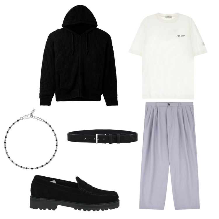 Outfit uomo - I\'m late. Stile Urban per Tutti i giorni. Abbinamento con scarpe stringate, cardigans, braccialetti, pantaloni, t-shirt, cinture.