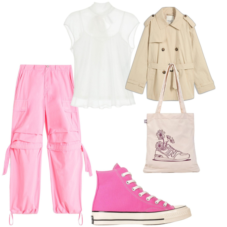 Outfit donna - Passeggiata al mare. per Mare. Abbinamento con trench, sneakers alte, shopping bag, top, pantaloni cargo.