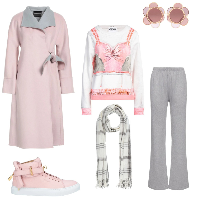 Outfit donna - Glamour sport. Stile Glamour per Tutti i giorni. Abbinamento con cappotti, sciarpe, felpe, sneakers alte, occhiali da sole, pantaloni.