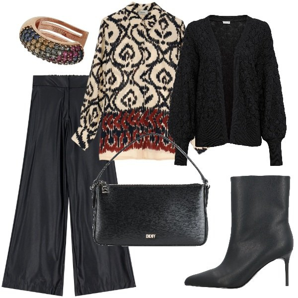 Outfit donna - Serata fuori. Stile Trendy per Serata fuori. Abbinamento con cardigans, stivaletti, borse a mano, pantaloni a palazzo, camicie, orecchini.