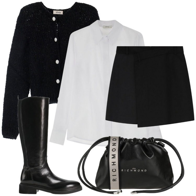 Outfit donna - Cardigan gioiello. Stile Casual chic per Ufficio. Abbinamento con borse a tracolla, stivali, minigonne, camicie, cardigans.
