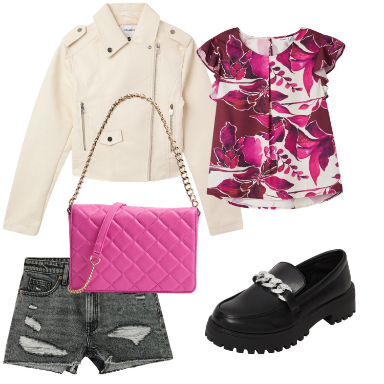 Outfit donna - Outfit fresco. Stile Casual per Tutti i giorni. Abbinamento con bluse, giacche, shorts, mocassini, borse a tracolla.