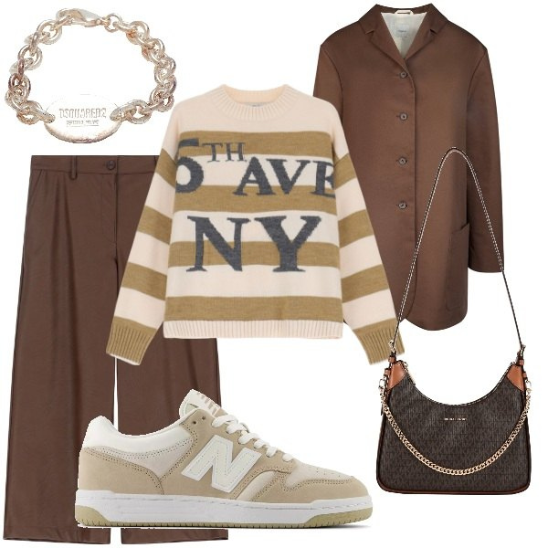 Outfit donna - A spasso per la città. Stile Casual chic per Tutti i giorni. Abbinamento con borse a tracolla, braccialetti, sneakers, pantaloni, maglieria, trench.
