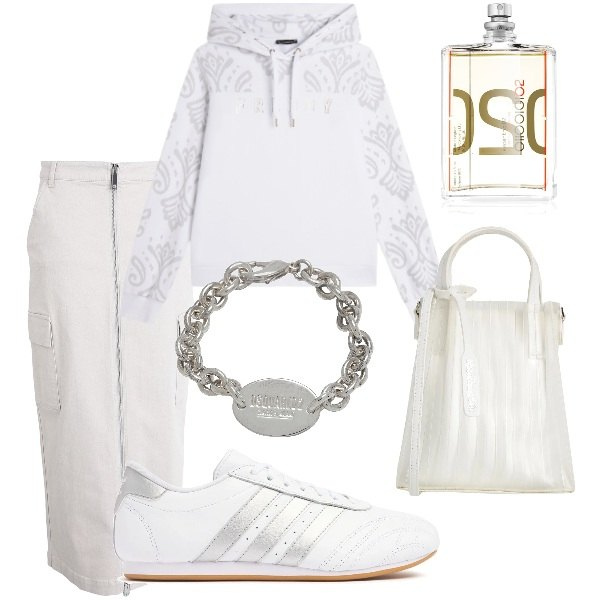 Outfit donna - Aspettando la primavera. Stile Trendy per Tutti i giorni. Abbinamento con gonne lunghe, borse a mano, braccialetti, profumi, felpe con cappuccio, sneakers.
