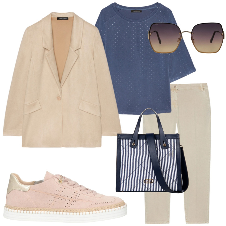 Outfit donna - Bantoa spring edit. Stile Casual chic per Ufficio. Abbinamento con sneakers, occhiali da sole, shopping bag, pantaloni chino, blazer, felpe.
