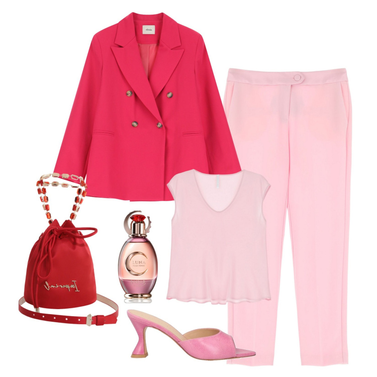 Outfit donna - Nuovi arrivi p/e. Stile Chic per Cerimonia. Abbinamento con sandali in pelle, profumi, pantaloni, borse a secchiello, top, blazer.