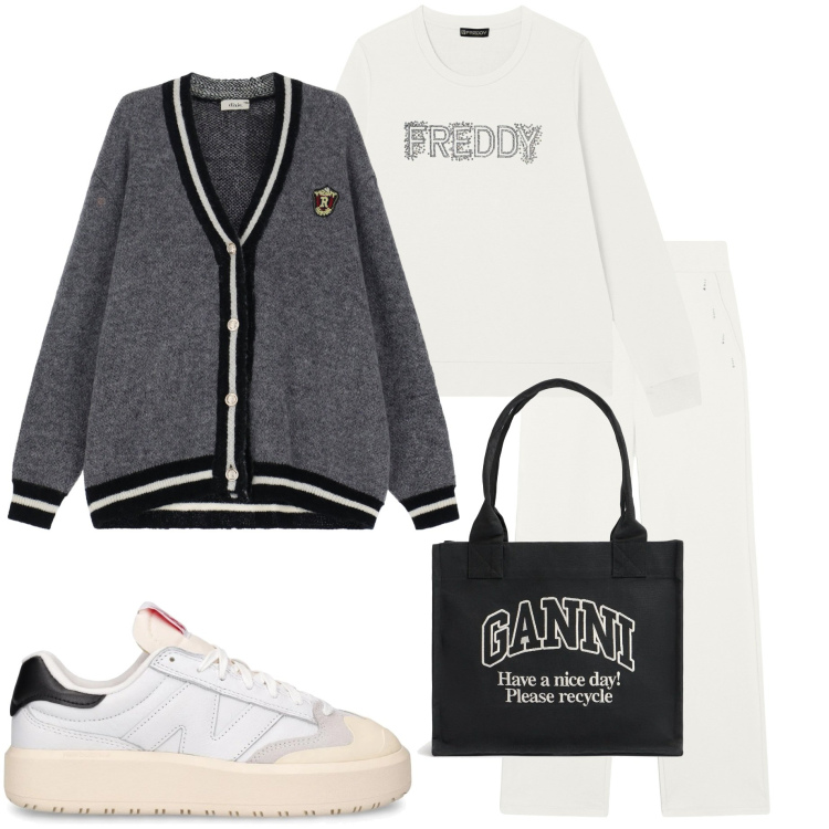 Outfit donna - Con le amiche. Stile Casual per Serata fuori. Abbinamento con felpe, pantaloni, cardigans, sneakers, shopping bag.