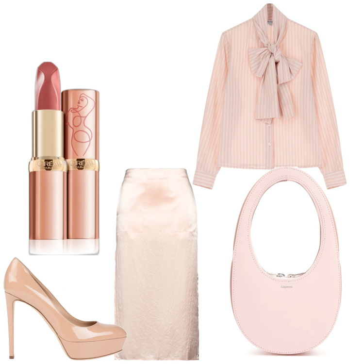 Outfit donna - Serata chic. Stile Chic per Tutti i giorni. Abbinamento con décolleté, gonne longuette, rossetti, camicie, borse a mano.
