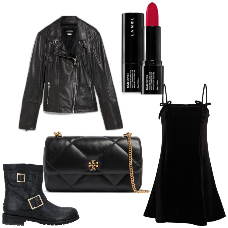 Outfit donna - Animo rock. Stile Rock per Serata fuori. Abbinamento con blazer, stivaletti, rossetti, borse a spalla, vestiti.