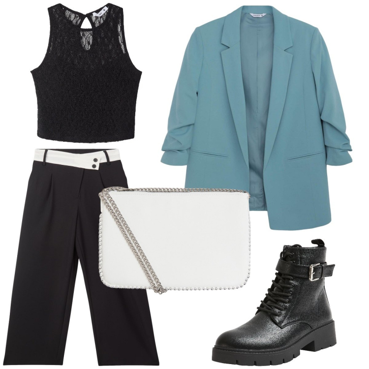Outfit donna - Glamour in ogni occasione. Stile Glamour per Cerimonia. Abbinamento con top, pantaloni, blazer, anfibi, borse a tracolla.
