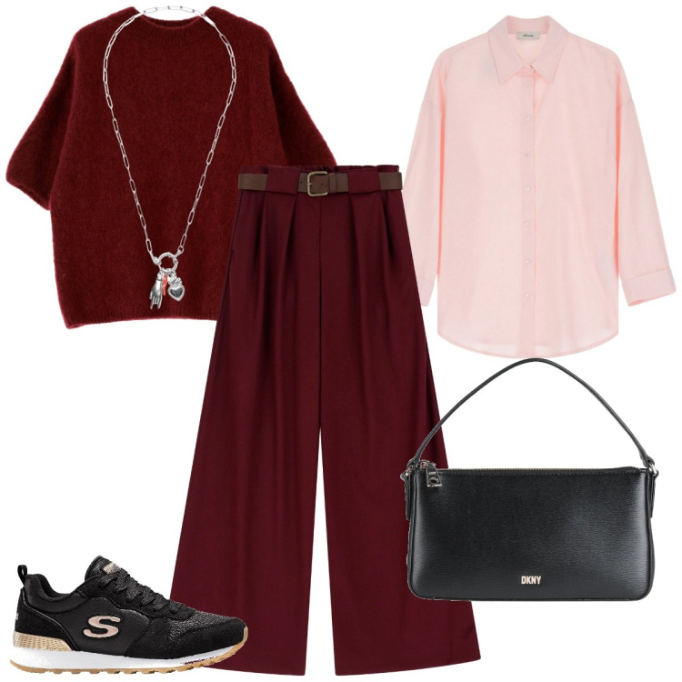 Outfit donna - Total look #2072757. Stile Urban per Ufficio. Abbinamento con sneakers, borse a mano, ciondoli, camicie, pantaloni a palazzo, maglieria.