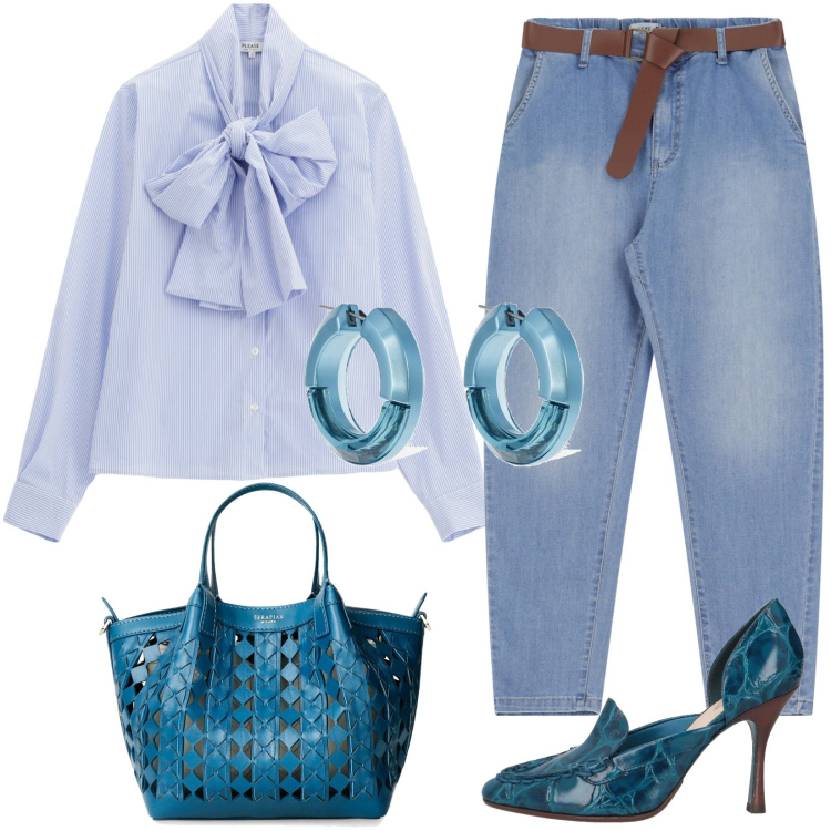 Outfit donna - Le gradazioni del cyan. Stile Glamour per Tutti i giorni. Abbinamento con décolleté, borse a mano, camicie, jeans, orecchini.
